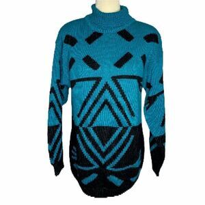 Vintage Mock Neck Chunky Knit Sweater S Blue Black